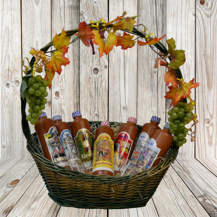 Kleiner Korb mit 10 erlesenen Spirituosen in Probiergröße